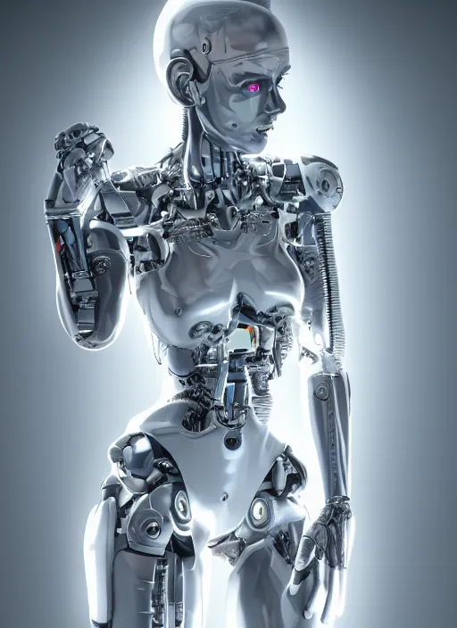 Prompt: photorealistic detailed full body picture of a female cyborg, pretty face with arms and legs, glamour pose, long hair, neon lights, humanoid, extreme, uhdr, book called the most influental cyborg in 2 0 5 0, fine details, highly detailed, intricate, smooth sharp focus, symmetrical features, environmental portrait, realistic render
