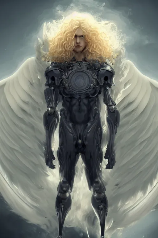 Image similar to digital art of a pale menacing male Cyborg Angel of Battle with fluffy blond curls of hair and piercing eyes, central composition, he commands the fiery power of resonance and wrath, very very long blond curly hair, baroque curls, by WLOP, Artstation, CGsociety