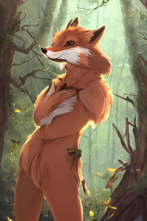 Prompt: a medieval anthropomorphic fox furry fursona with a fluffy tail in a forest, backlighting, trending on artstation, cartoon, trending on furaffinity, furry art, by kawacy, warm lighting, digital art