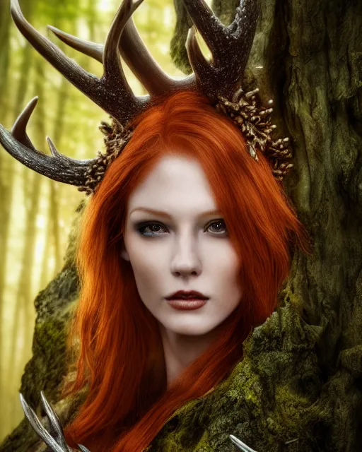 Image similar to 5 5 mm portrait photo of an armored redhead woman warrior, and antlers growing from her head, in a magical forest. by luis royo. highly detailed 8 k. intricate. lifelike. soft light. nikon d 8 5 0. cinematic post - processing