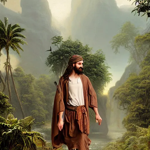 Prompt: a detailed matte painting of a ridiculously good looking jesus who is best friends forever with a velociraptor, elegant ancient greek dress, jungle as the background, drinking a martini, wearing a jean jacket and a beenie, very detailed, beautiful, intricate, art by greg rutkowski and rembrandt, octane render