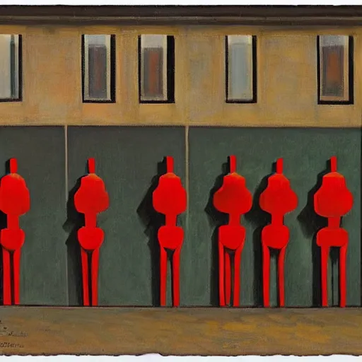 Image similar to red robots queue up in a drab brutalist town, street elevation, grant wood, pj crook, edward hopper, oil on canvas