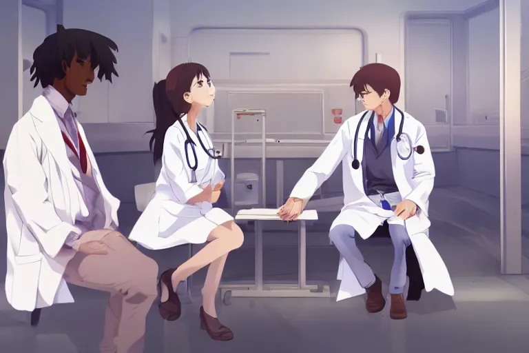 Image similar to a cute young female doctor wearing white coat are talking with an old surgeon in a hospital, lighting, anime scenery by Makoto shinkai