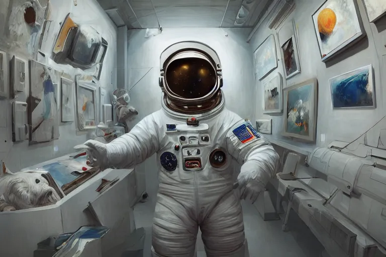 Prompt: an astronaut in an art museum gallery, detailed art museum full of paintings, expressive oil painting, by wlop, by james gilleard, digital, trending on artstation, octane render, highly detailed, detailed astronaut, surrealism, space