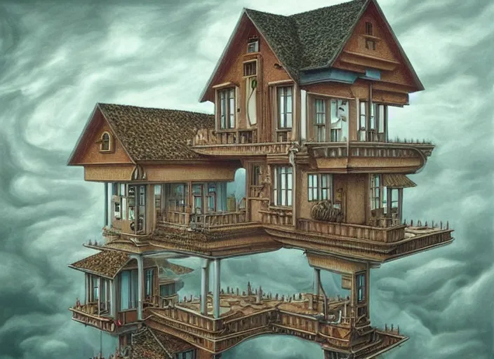Prompt: a house built on a cloud, painting by mc escher, very detailed, illusion, surreal!!!, trending on artstation, beautiful color art