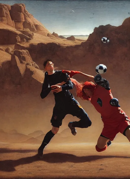 Prompt: a soccer match on mars by edgar maxence and caravaggio and michael whelan and delacroix style, artistic, intricate painting, cinematic lighting, hyper realistic, extremely detailed, establishing shot, 8 k resolution, dramatic lighting