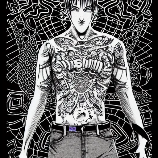 Image similar to Eikichi Onizuka tshirt-less illustration, medium shot, intricate, elegant, highly detailed, digital art, ffffound, art by Tōru Fujisawa,