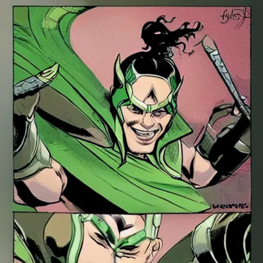 Image similar to this illustration is concept art for the comic book character of loki, the norse god of mischief with an amused expression. drawn by lee garbett, color artist by nolan woodard, and written by al ewing.