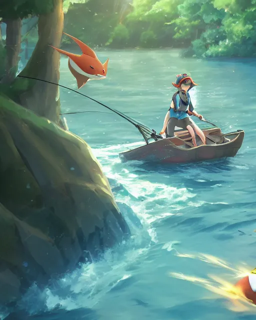 Image similar to a female pokemon trainer fishing for magikarp, full shot, atmospheric lighting, detailed face, by makoto shinkai, stanley artger m lau, wlop, rossdraws, james jean, andrei riabovitchev, marc simonetti, krenz c