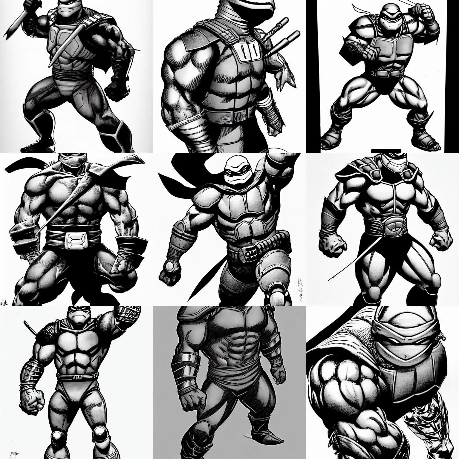 Image similar to anthropomorphic ninja turtle!!! jim lee!!! sideview full shot!! flat ink sketch grayscale by jim lee close up in the style of jim lee, ( attention pose ) cyborg! battle armor rugged knight hulk turtle animal superhero by jim lee