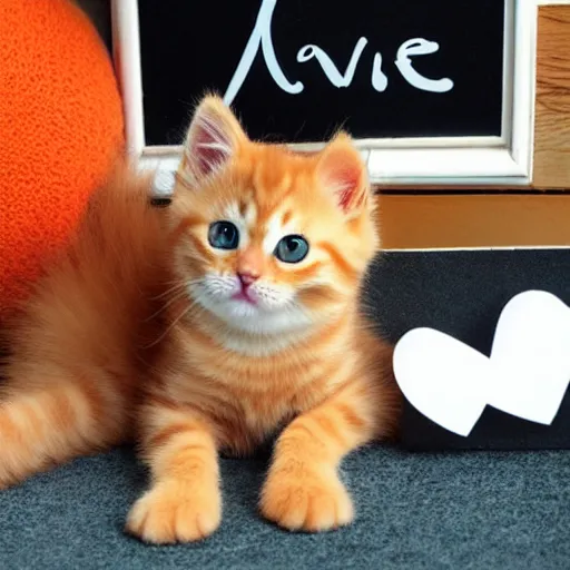 Image similar to cute fluffy orange tabby kitten with a sign that says