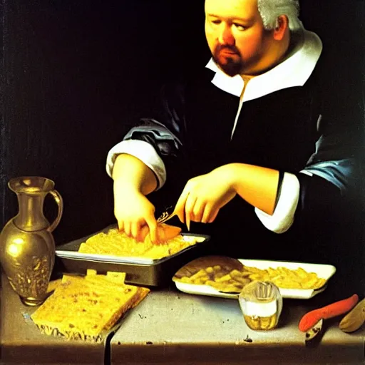 Image similar to a 1 9 th century portrait of guy fieri making a greasy macaroni and cheese sandwich, by vermeer, portrait, royal, oil on canvas