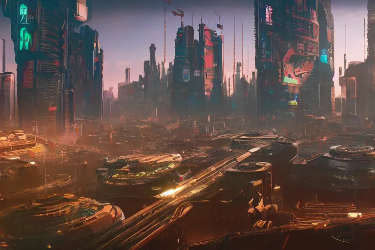 Prompt: future utopian city in the style of a cyberpunk 2 0 7 7 screenshot, concept art, artstation, deviantart, behance, highly detailed