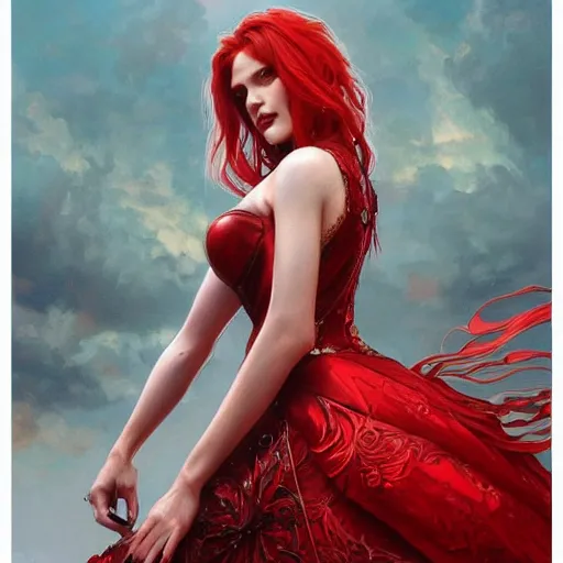 Prompt: ultra realistic illustration, bella thorne as the red queen, intricate, elegant, highly detailed, digital painting, artstation, concept art, smooth, sharp focus, illustration, art by artgerm and greg rutkowski and alphonse mucha