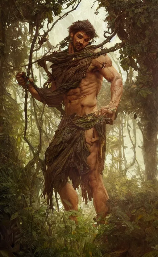 Image similar to god of the forest, 3 0 years old, rugged, male, gorgeous, detailed face, amazing, full body, flowers, muscular, intricate, highly detailed, digital painting, artstation, concept art, sharp focus, illustration, art by greg rutkowski and alphonse mucha