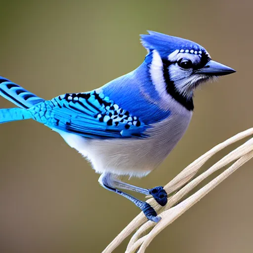 Prompt: blue jay with spaghetti in beak
