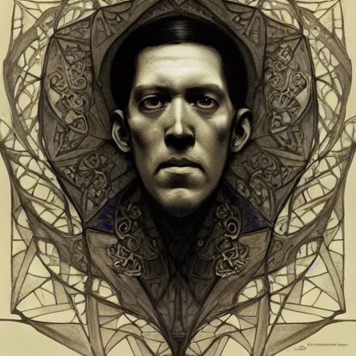 Image similar to amazing lifelike award winning pencil illustration of h.p. lovecraft trending on art station artgerm Greg rutkowski alphonse mucha cinematic