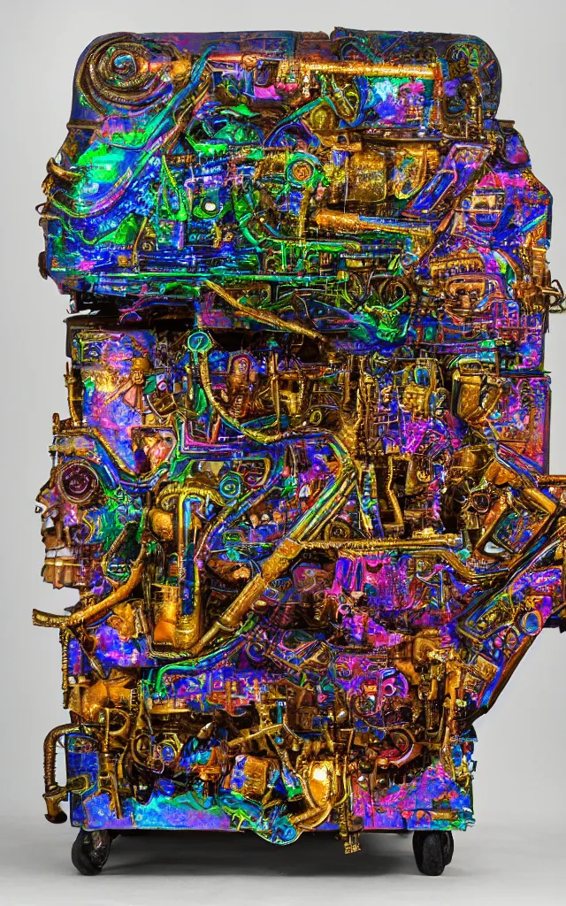 Image similar to mechanical sarcophagus made of iridescent metal strange glyphs, award winning oil painting, chromatic aberration midnight color palette