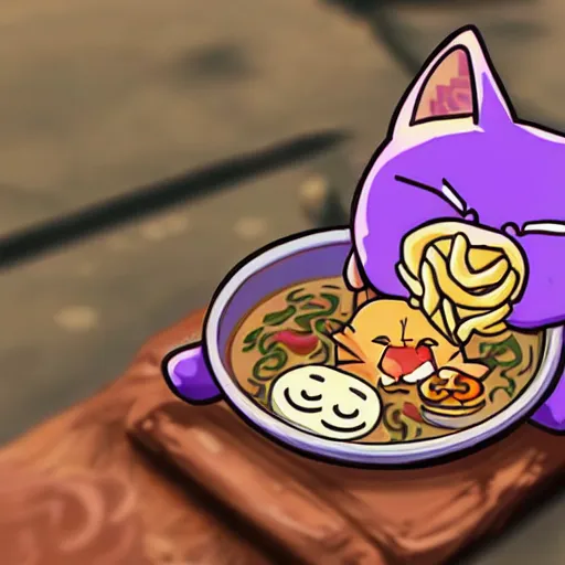 Image similar to Cute kawaii cat eating a bowl of ramen in The Legend of Zelda Breath of the Wild, toon shading npr