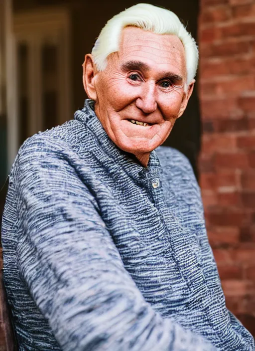 Image similar to dslr photo portrait still of 8 0 year old age 8 0 roger stone at age 8 0!!!, 8 5 mm f 1. 8