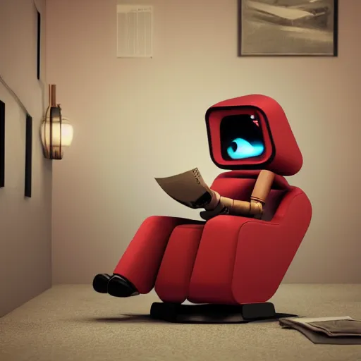 Image similar to futuristic lonely matte brown and red full-body humanoid robot with two huge round expressive sad LED eyes and open rectangular mouth sitting on a large comfortable cushioned 1950s vintage recliner reading a newspaper. open newspaper. Cinematic Movie Photograph, Arri Alexa, Extremely Detailed, smooth, very very clean, 8K, octane render, maya render, unreal engine, trending on artstation, DSLR, excellent composition, center frame