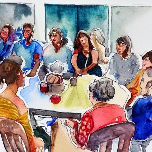 Image similar to 1 2 diamonds sitting on a table surrounded by people, watercolor painting