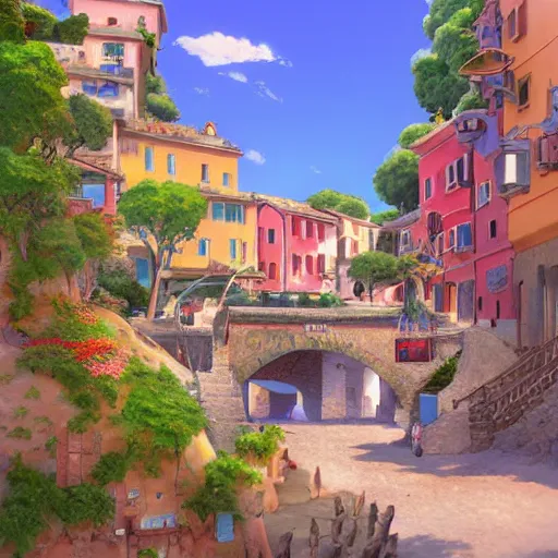Prompt: pixar 3D render, by studio ghibli, (french bande dessinée), fantasy setting, mediterranean landscape, quaint village, cinq terre, highly detailed, luminous, style by moebius, concept art, unreal engine