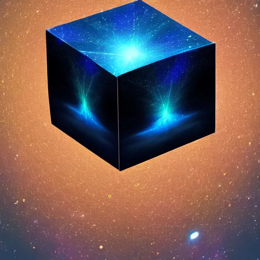 Image similar to a cube of space water floating in the middle of an empty desert, black cube, colorful stars inside the cube, extremely detailed digital art, ominous, artgem, breathtaking, smooth, award winning