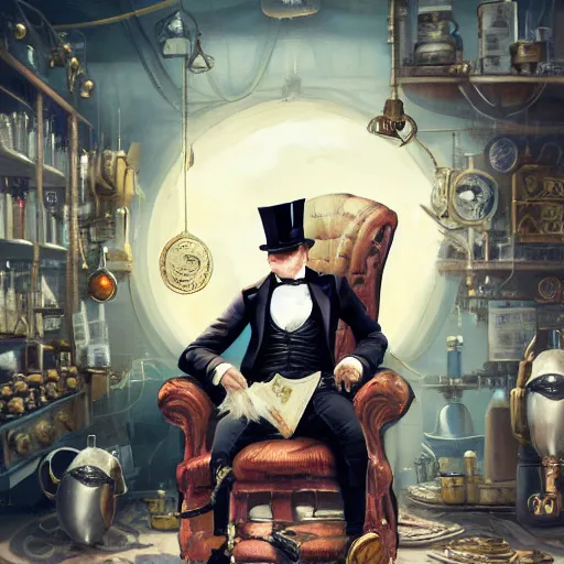 Prompt: oil painting of grumpy rich steampunk penguin, sitting in fancy chair, wearing top hat, looking at gold coin, steampunk factory background, sharp focus, fantasy style, octane render, volumetric lighting, 8k high definition, by greg rutkowski, highly detailed, trending on art Station, magic the gathering artwork, centered