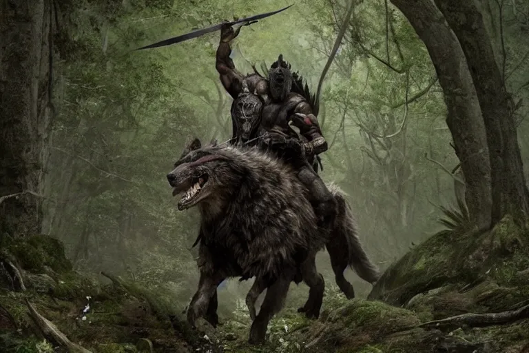 Image similar to vfx movie closeup detailed ancient armored warrior orc hunting riding large wolf in the forest, natural lighting by emmanuel lubezki