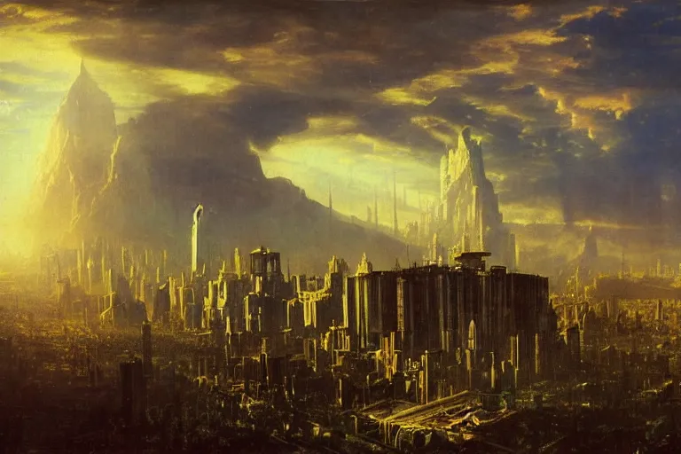 Image similar to megacity one, judge dredd, 1 8 0 0 s, rule of thirds, matte painting, highly detailed, cinematic lighting, by albert bierstadt, frederic edwin church