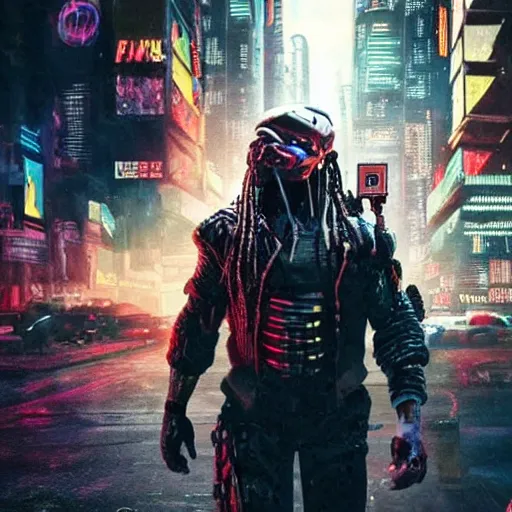 Prompt: high quality photo of The Predator in a cyberpunk cyberpunk cyberpunk city, realism, 8k, award winning photo