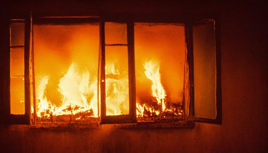 Image similar to 1 9 7 0 s movie still of a burning house windows in a small french village by night, cinestill 8 0 0 t 3 5 mm, heavy grain, high quality, high detail, dramatic light, anamorphic, flares