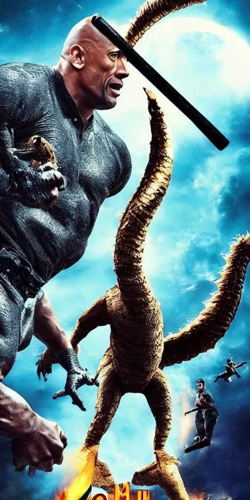 Image similar to movie poster of dwayne johnson with a baseball bat fighting king ghidorah outside a space station