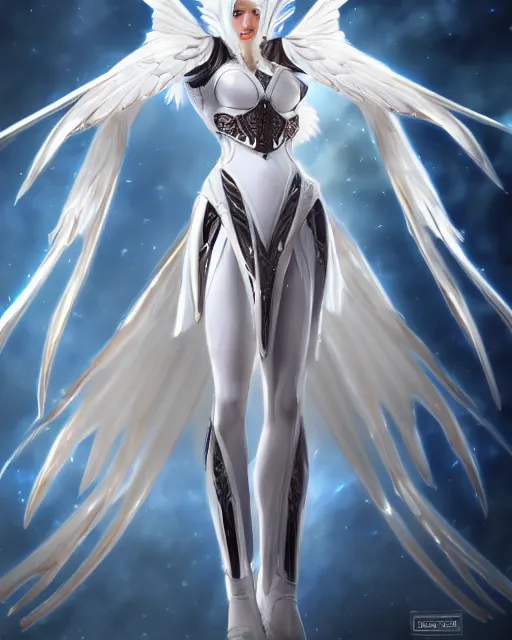 Image similar to perfect white haired egyptian goddess wearing white dove wings, warframe armor, regal, attractive, ornate, sultry, beautiful, ice queen, half asian, pretty face, blue eyes, detailed, scifi platform, 4 k, ultra realistic, volumetric lighting, illuminated, cinematic, masterpiece, art by akihito tsukushi, voidstar