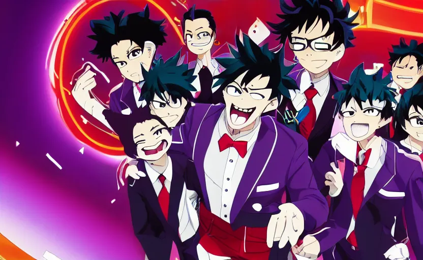 Image similar to a guy with black hair, wears a comedian purple suit and a red bowtie, anime character design key visual, Official media from My Hero Academia, sharp, 4k HD