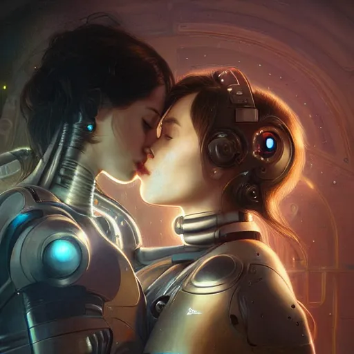 Image similar to Ultra realistic illustration, two women kissing a robot, cyberpunk, sci-fi, fantasy, intricate, elegant, highly detailed, digital painting, artstation, concept art, smooth, sharp focus, illustration, art by artgerm and greg rutkowski and alphonse mucha