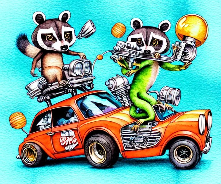 Image similar to cute and funny, racoon driving a tiny hot rod with an oversized engine, ratfink style by ed roth, centered award winning watercolor pen illustration, isometric illustration by chihiro iwasaki, edited by craola, tiny details by artgerm and watercolor girl, symmetrically isometrically centered