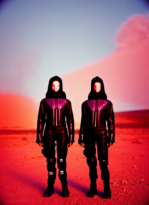 Image similar to photographic portrait shot on cinestill 5 0 d of two loving clones, techwear women on a desolate plain with a red sky, diverse, in front of a brutalist dark metal facility, dust storm, 3 5 mm, 8 k, depth of field, high resolution, ultra realistic faces
