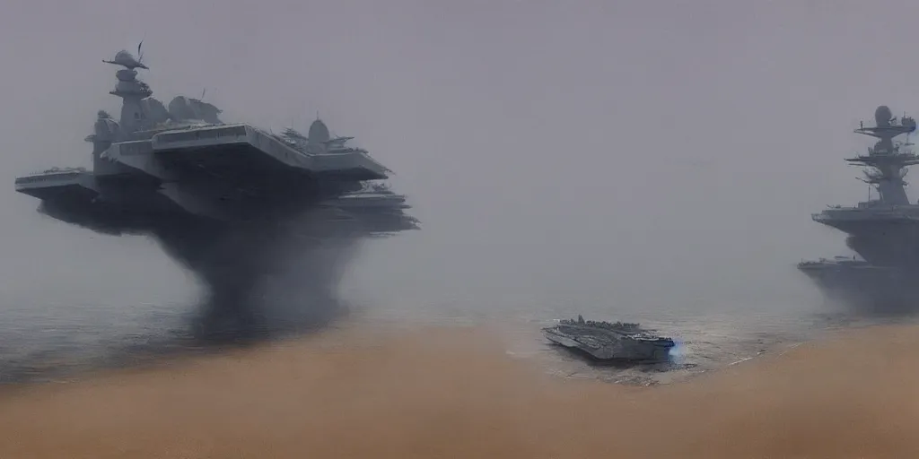 Prompt: on a foggy morning, a huge aircraft carrier was stranded on the beach, by craig mullins