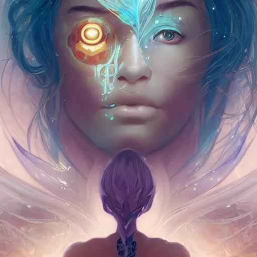 Image similar to cyborg, female, fantasy, bioluminiscence, flowing hair, portrait, highly detailed, digital painting, beautiful eyes, symmetry, concept art, sharp focus, illustration, art by artgerm and greg rutkowski and magali villeneuve and ilya kuvshinov! : : alphonse mucha : : - 0. 2