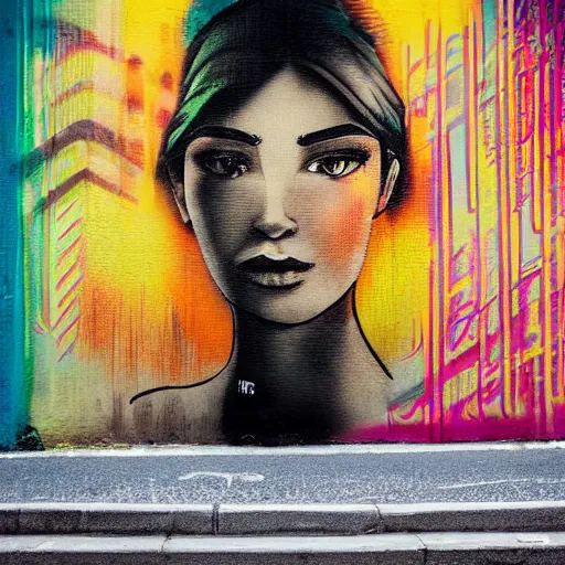 Prompt: A street art of a beautiful young woman seated at a window, looking out at the viewer with a serene expression on her face. The light from the window illuminates her features & creates a warm, inviting atmosphere. The essence of beauty and tranquility. flash photography, graffiti by Kilian Eng neat, melancholic