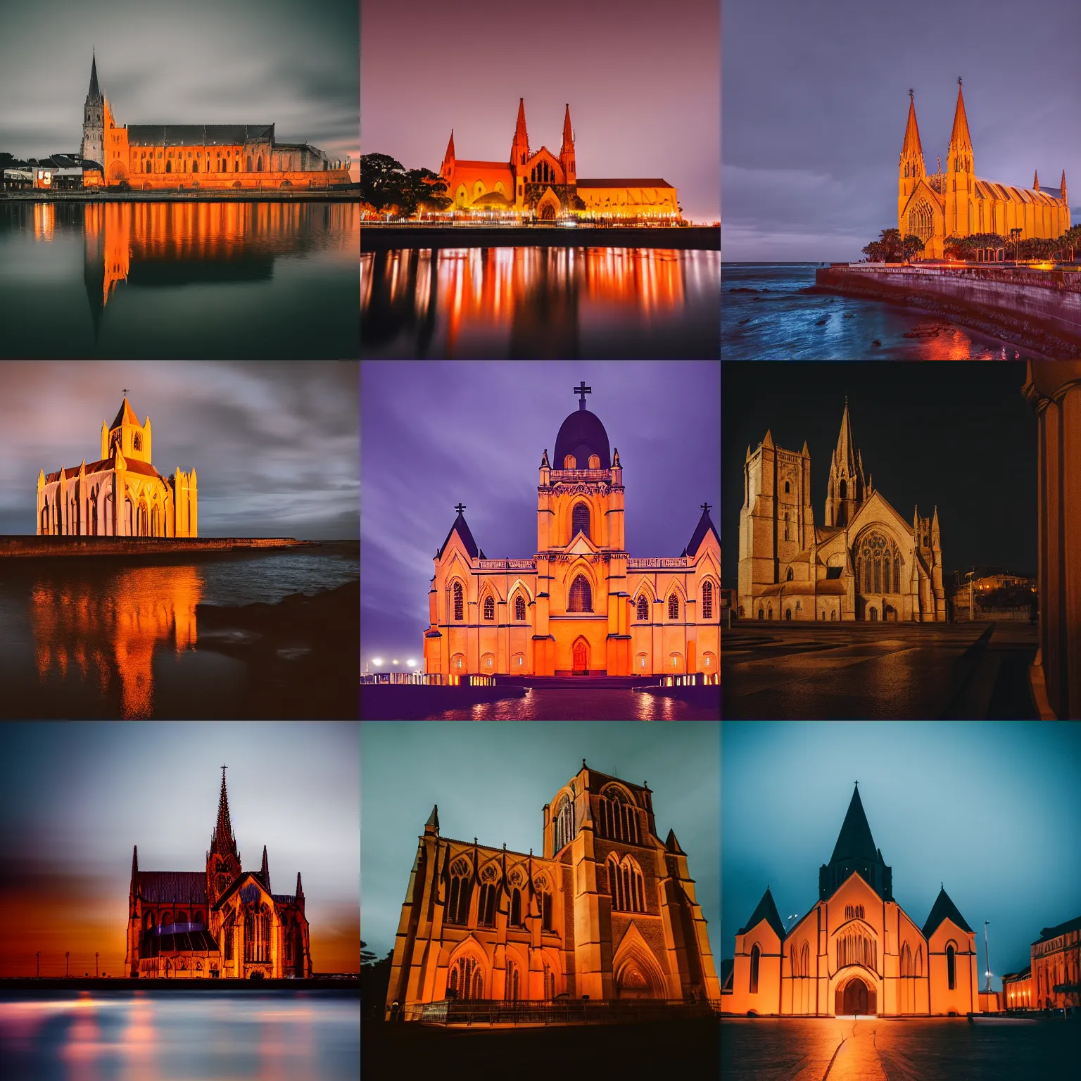 Prompt: DSLR moody somber photography of a Cathedral by the sea at night, ethereal orange glowing windows, Hyperdetailed, photorealistic, lightroom preset, Unsplash