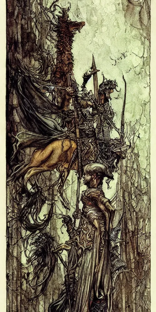 Prompt: tarot card detailed painting, illustration, colorful, tarot card ornate framing with roman numerals, in style of Arthur Rackham, Jakub Różalski