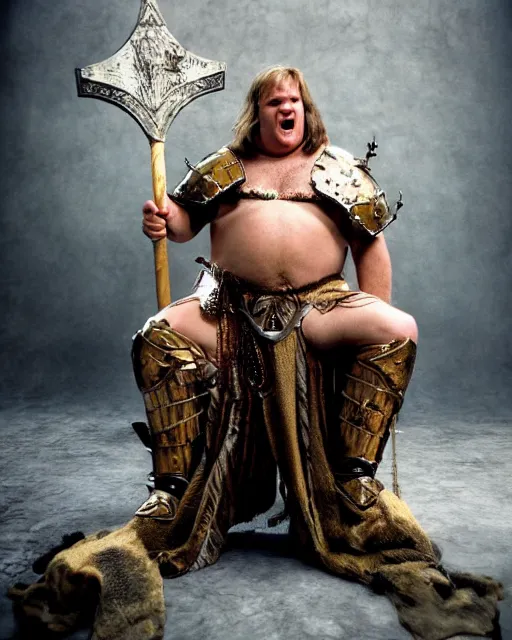 Image similar to chris farley as king conan, directed by john millius, photorealistic, sitting on a metal throne, wearing ancient cimmerian armor, a battle axe to her side, cinematic photoshoot in the style of annie leibovitz, studio lighting