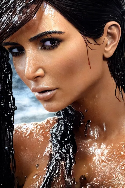 Image similar to a film still of kim kardashian as lara croft, close up face detail, muscular, wet body, model photography, wet dripping hair, emerging from the water