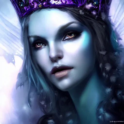 Image similar to detailed portrait of a dark fairy queen, crown, wings, teeth, realism, pale blue, emerald, sapphire,dark purple crown,leaves, moonlit, dark fantasy, dramatic lighting, cgsociety, artstation