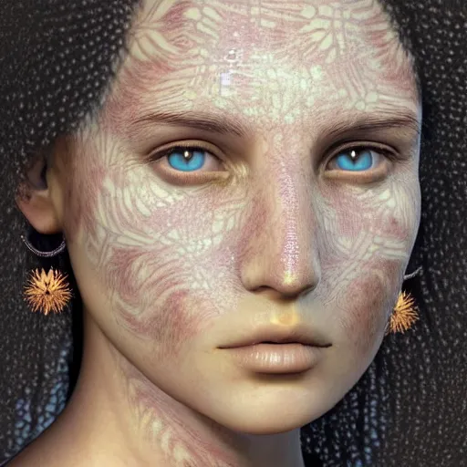 Prompt: golden fractals turning in female face