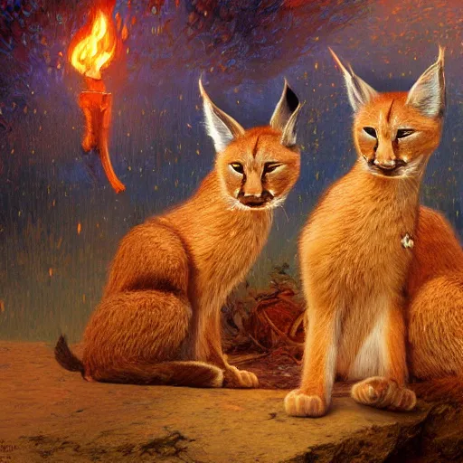 Image similar to three cute caracals wearing red ties with guitar, campfire, night, atmospheric lighting, intricate, volumetric lighting, digital art, highly detailed by gaston bussiere, craig mullins, j. c. leyendecker 8 k