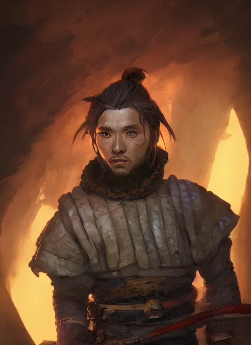 Prompt: A fantasy comic book style portrait painting of a swift samurai hobbit male in a atmospheric dark fortress, unreal 5, DAZ, hyperrealistic, octane render, RPG portrait, ambient light, dynamic lighting